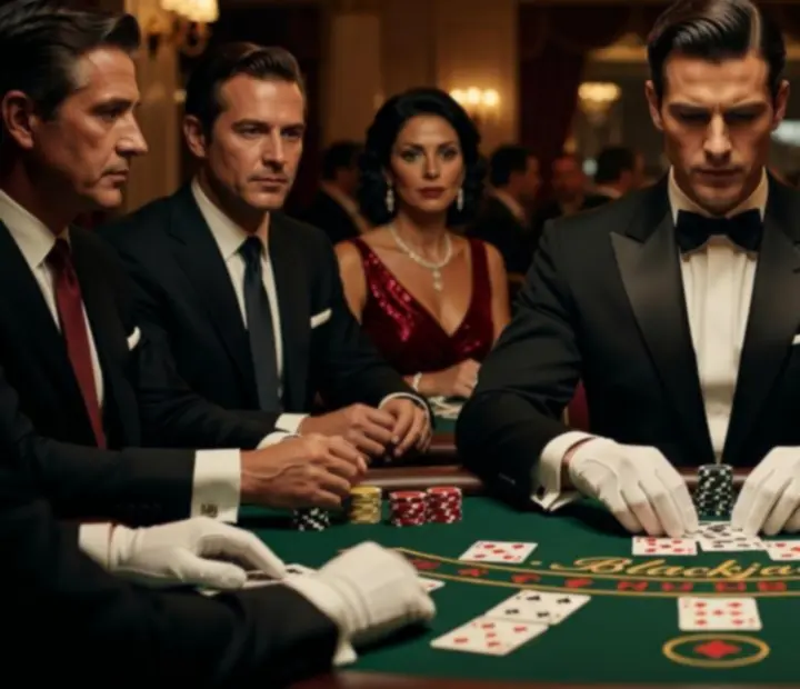 Profesjonalny krupier blackjack rozdający karty przy eleganckim stole podczas eventu