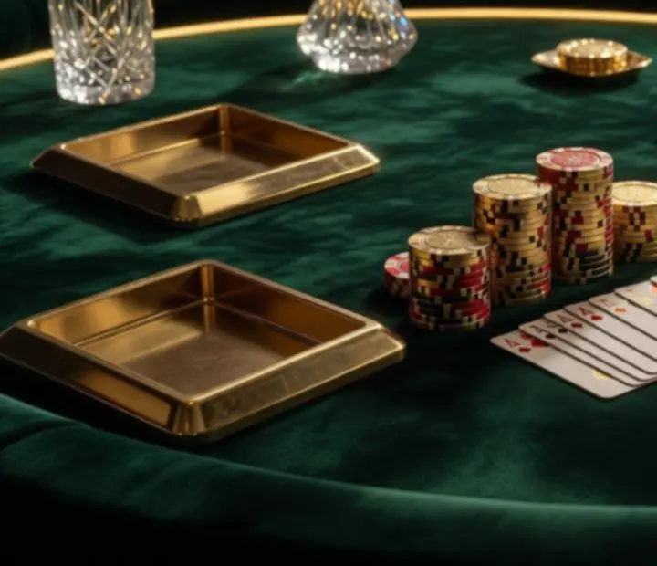 Luksusowy stół blackjack z welurową powierzchnią, żetonami premium i nastrojowym podświetleniem