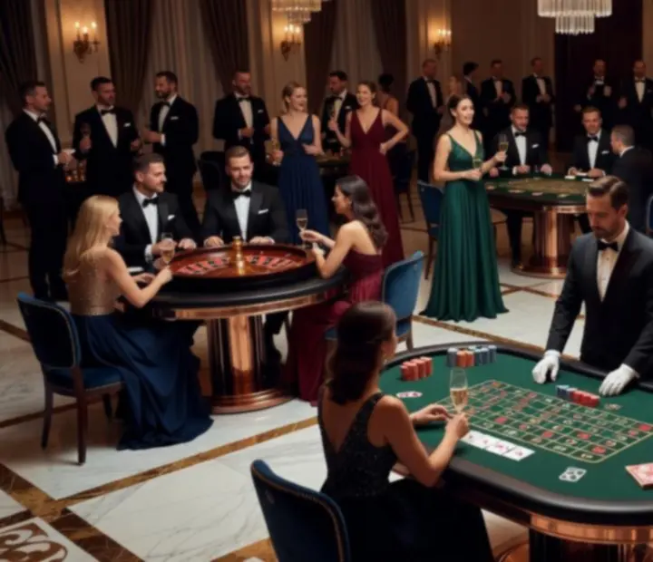 Ekskluzywny event korporacyjny z motywem kasyna w eleganckiej sali bankietowej