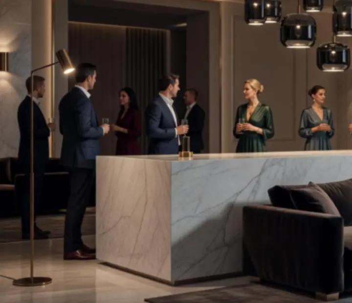 Luksusowa scenografia eventowa z welurowymi lożami i marmurowym barem