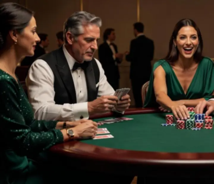 Goście przy stole pokerowym w trakcie pełnej emocji, eleganckiej rozgrywki