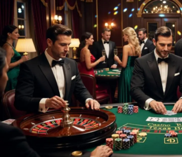 Profesjonalni krupierzy prowadzący gry przy luksusowych stołach do pokera, ruletki i blackjacka podczas eventu.